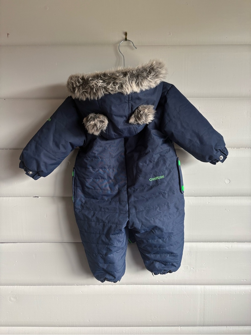 OshKosh 12M Bear Ear Hooded Navy Green Fleece-Lined Winter Snowsuit Fur Hood - Picture 2 of 7